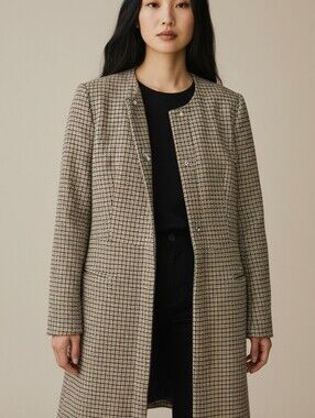 Womens Houndstooth Collarless Long Coat - Beige/Black
